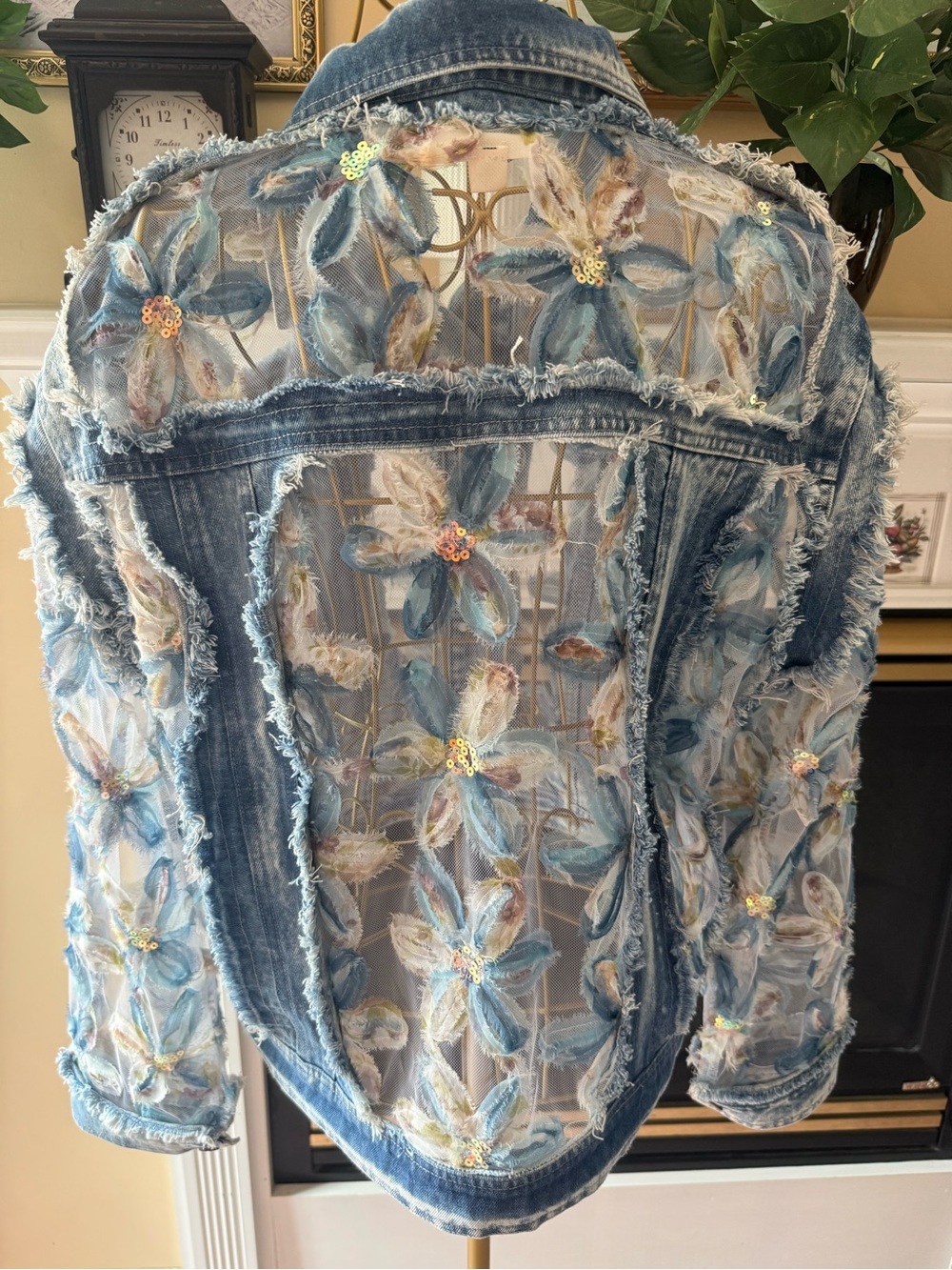 Revert NEW Light Blue Denim Jacket with Sheer Floral Embroidered Sleeves SEQUINS